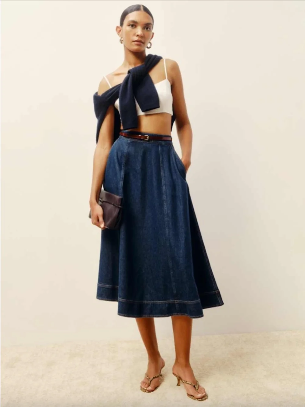 Reformation Jeans Delilah Denim Midi Skirt in Roosevelt, Size 29, Organic Cotton